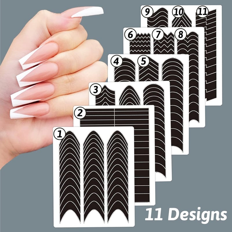 winthrop 1422 Pcs French Tip Nail Guides, Self-Adhesive French Moon Shaped V-Shaped Manicure Strip Stickers for Edge Auxiliary Black DIY Decoration Stencil Tools(11 Designs, 36 Sheets) - Image 2